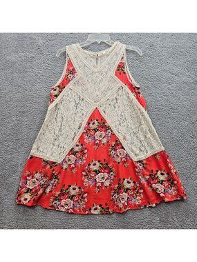 Umgee womens Floral Lace Sleeveless Tunic Top size Medium Red Ivory Boho Chic